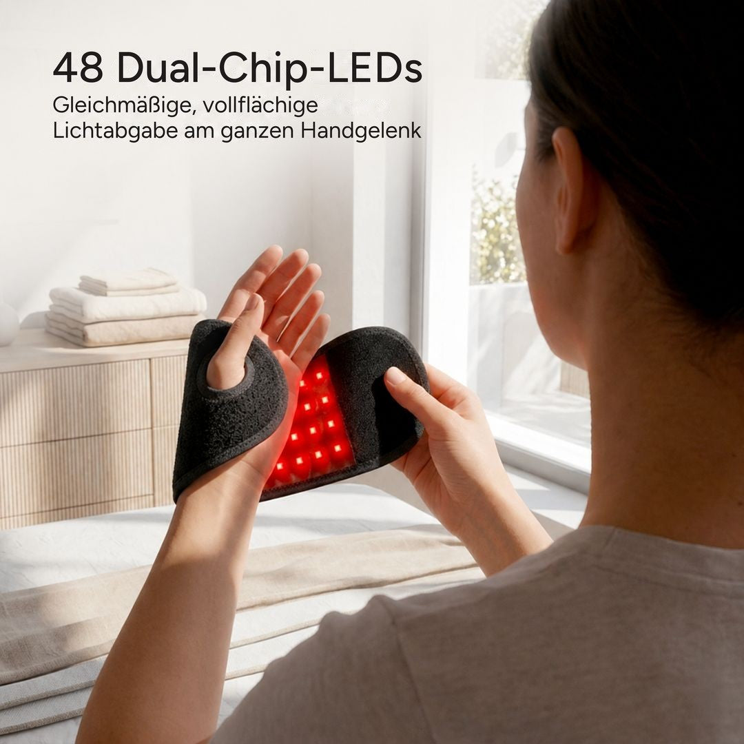 Frau legt die Verolis Rotlicht-Handgelenkbandage mit 48 Dual-Chip-LEDs an
